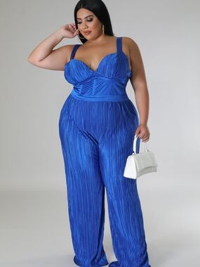 Plus Size Royal Blue Pleated Jumpsuit